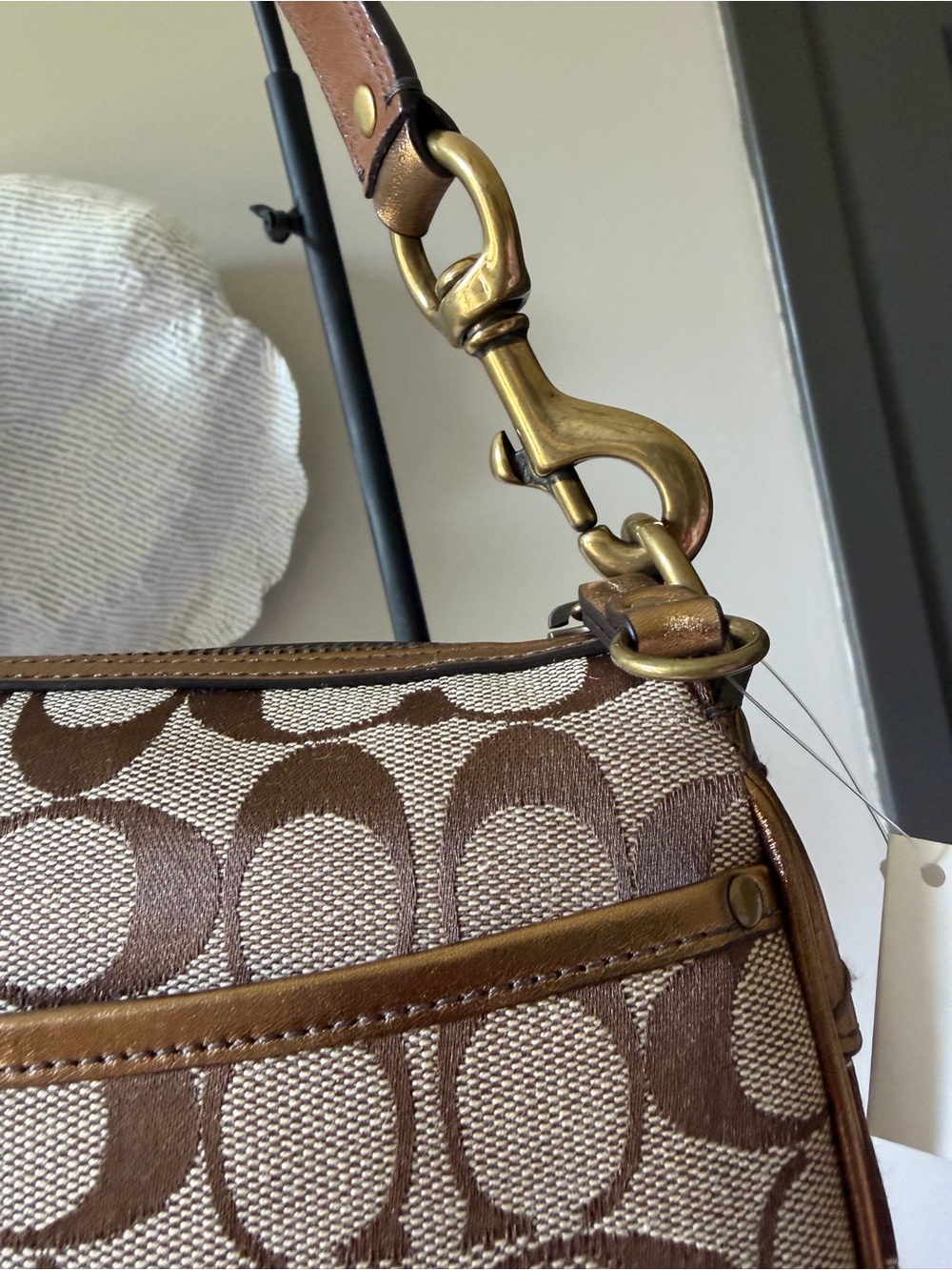 Coach Brown Signature Canvas Shoulder Bag with Metallic Bronze Leather Accents - Picture 7 of 16